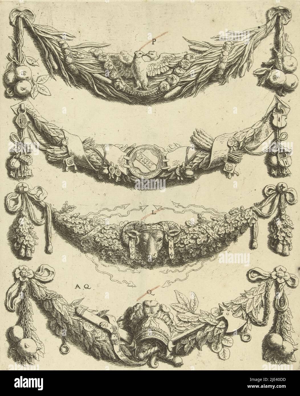 Quatre festoons, Hubert Quellinus, d'après Artus Quellinus (I), 1665 ans, festoons avec au milieu deux colombes, les armoiries d'Amsterdam, la tête d'un bélier et un casque avec des panaches. Feuille P [4]. Feuille de la deuxième édition., imprimeur: Hubert Quellinus, Artus Quellinus (I), (mentionné sur l'objet), éditeur: Frederik de Wit, Amsterdam, 1665, papier, gravure, h 247 mm × l 201 mm Banque D'Images