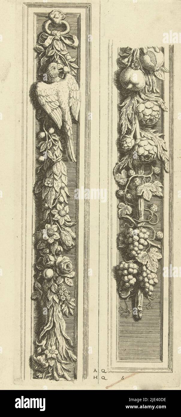 Deux parties d'un pilaster aux festons de feuilles, de fruits et de fleurs, Hubert Quellinus, d'après Artus Quellinus (I), 1665, la description gravée de l'index des feuilles est collée au bas de l'impression. Feuille S [1]. Feuille de la deuxième édition., imprimerie: Hubert Quellinus, (mentionné sur l'objet), Artus Quellinus (I), (mentionné sur l'objet), éditeur: Frederik de Wit, Amsterdam, 1665, papier, gravure, h 291 mm × l 125 mm Banque D'Images