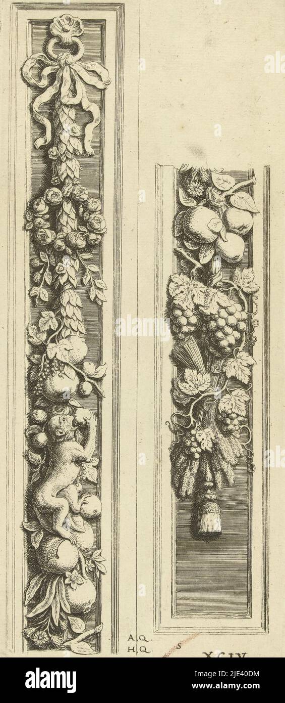 Deux parties d'un pilaster aux festons de feuilles, de fruits et de fleurs, Hubert Quellinus, d'après Artus Quellinus (I), 1665, feuille S [2]. Dans le coin inférieur gauche se trouve un singe. Feuille de la deuxième édition., imprimeur: Hubert Quellinus, (mentionné sur l'objet), Artus Quellinus (I), (mentionné sur l'objet), éditeur: Frederik de Wit, Amsterdam, 1665, papier, gravure, h 290 mm × l 125 mm Banque D'Images