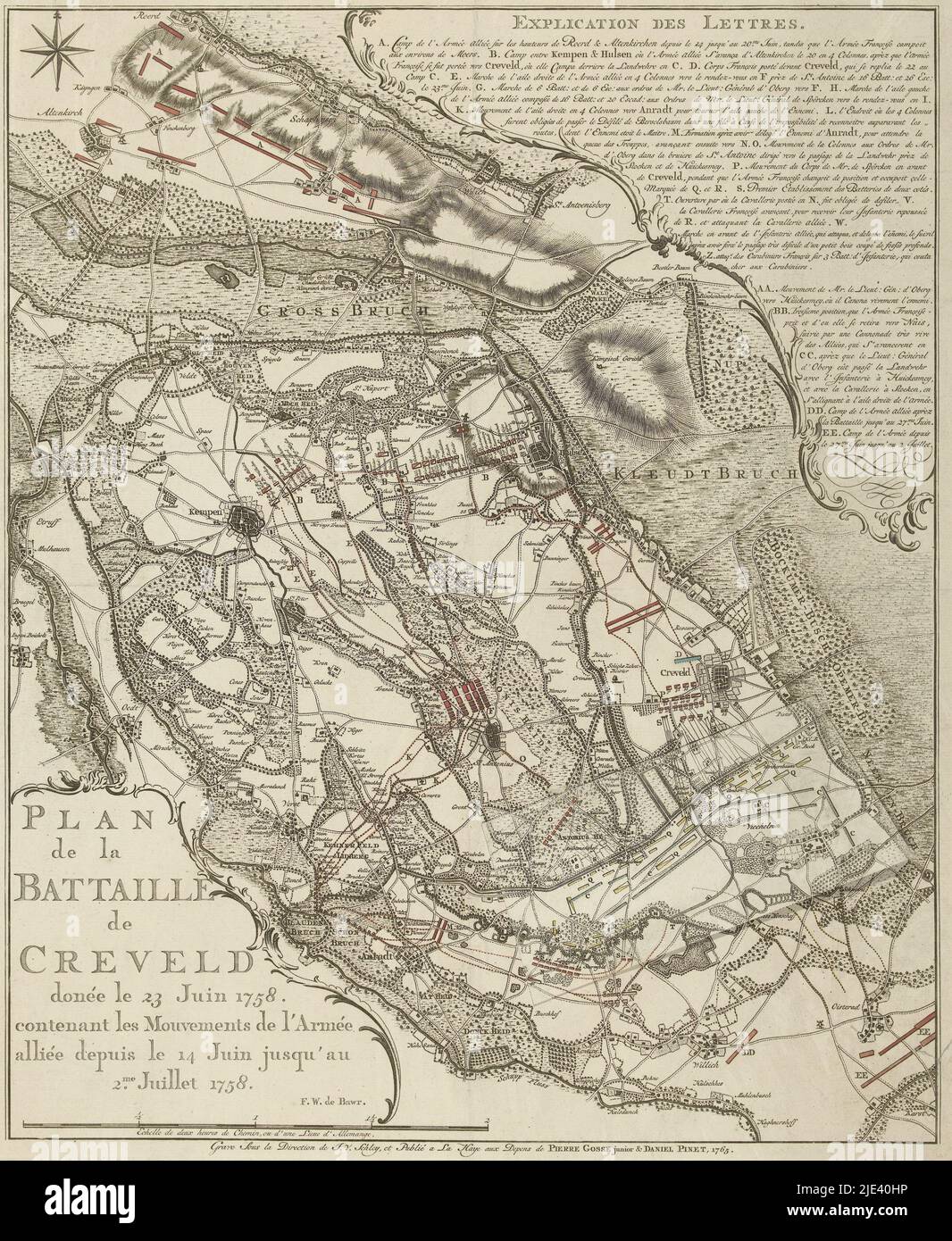 Bataille de Krefeld, 1758, Jacob van der Schley, 1765, carte de la région entre Krefeld et Kempen où la bataille de la guerre de sept ans a eu lieu sur 23 juin 1758. Avec les positions des alliés et de l'armée française pendant la bataille et les manoeuvres de l'armée alliée entre 14 juin et 2 juillet. Fixé à l'impression deux rabats de papier qui peuvent être soulevés. En haut à droite une grande cartouche avec la légende A-Z et AA-EE en français. Sous le titre le nom: F.W. de Bawr., imprimerie: Jacob van der Schley, (mentionné sur l'objet), éditeur: Pierre Gosse jr., (mentionné sur l'objet), éditeur Banque D'Images