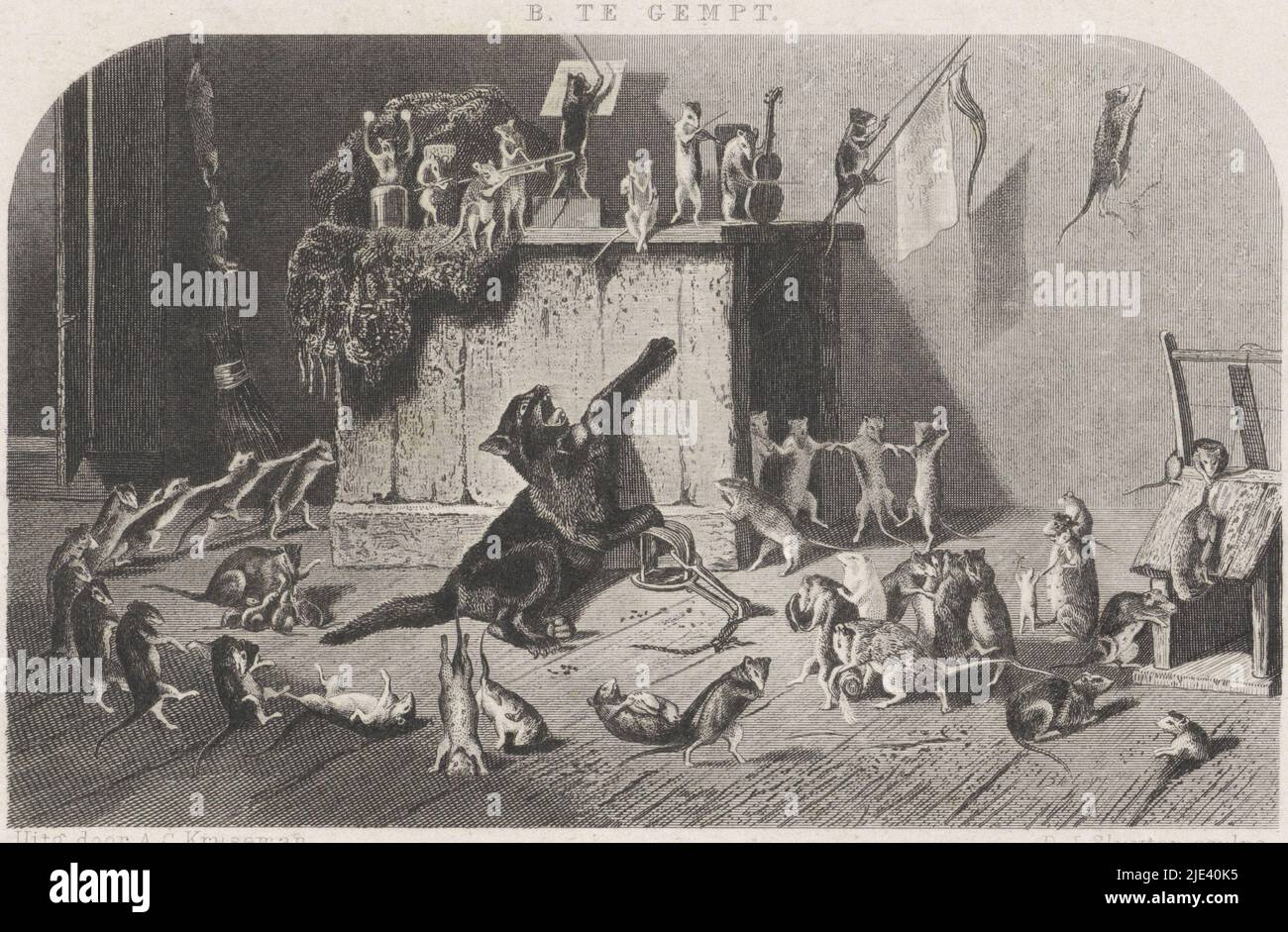 Mouse Party, Dirk Jurriaan Sluyter, d'après Bernard te Gempt, 1861 ans, Un chat est coincé dans une pince. Tout autour, les souris célèbrent: Ils dansent, font de la musique et brandissent un drapeau., imprimeur: Dirk Jurriaan Sluyter, (mentionné sur l'objet), Bernard te Gempt, (mentionné sur l'objet), éditeur: Arie Cornelis Kruseman, (mentionné sur l'objet), imprimeur: Amsterdam, éditeur: Haarlem, 1861, papier, gravure, h 120 mm × l 190 mm Banque D'Images