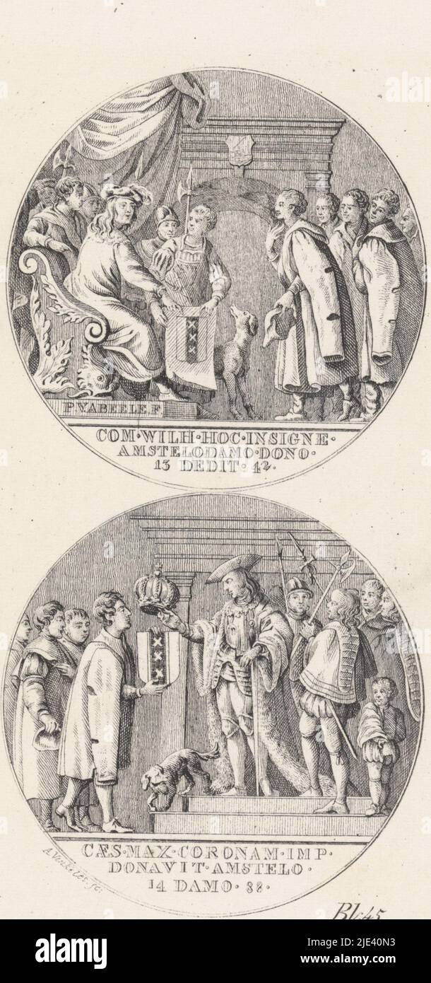 Deux médailles avec représentations historiques, Abraham Vinkeles, d'après Pieter van Abeele, 1800 - 1864, deux médailles. Ci-dessus: Le comte William IV de Hollande donne à Amsterdam une nouvelle charte établissant le statut de la ville, en 1342. Ci-dessous: L'empereur Maximilian donne le blason impérial aux armes de la ville d'Amsterdam, en 1488. En bas à droite : Bl. 45., Imprimeur: Abraham Vinkeles, (mentionné sur l'objet), Pieter van Abeele, Amsterdam, 1800 - 1864, papier, gravure, gravure Banque D'Images