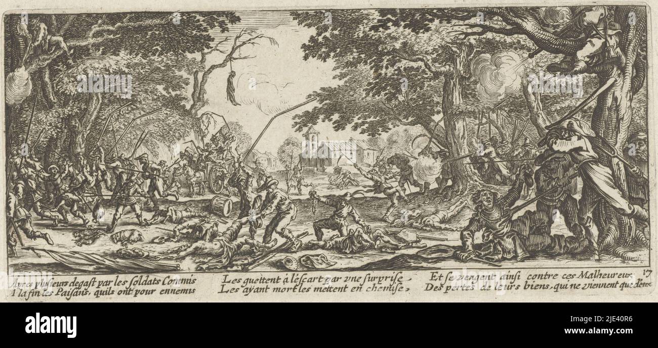 Les paysans se vengent sur les soldats, anonymes, après Jacques Callot, 1677 - 1690, à la périphérie d'un village, les paysans avec des scythes et des clubs prennent des soldats pour se griser. Au-dessous de la représentation se trouve un verset français à six lignes. Cet imprimé fait partie d'une série de 17 (18 y compris le titre imprimé) imprimés représentant différents types de misère provoquée par la guerre., Jacques Callot, imprimeur: Anonyme, Michel de Marolles, imprimeur: Pays-Bas, (Éventuellement), éditeur: Amsterdam, 1677 - 1690, papier, gravure, h 84 mm × l 187 mm Banque D'Images