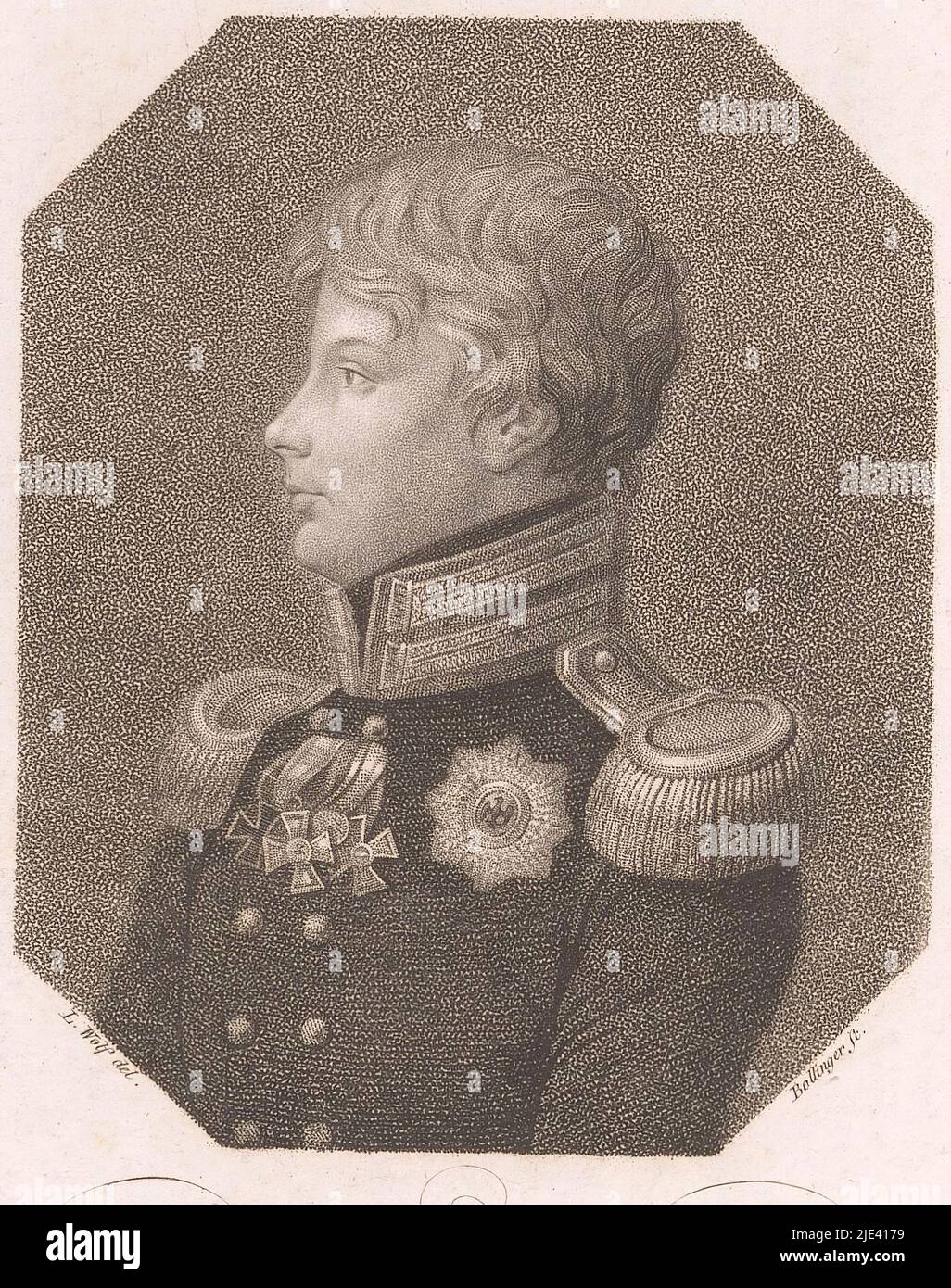 Portrait de Friedrich Wilhelm IV comme prince héritier de Prusse, Friedrich Wilhelm Bollinger, d'après Ludwig Wolf, c. 1805 - 1825, Imprimeur: Friedrich Wilhelm Bollinger, (mentionné sur l'objet), dessinateur intermédiaire: Ludwig Wolf, (mentionné sur l'objet), éditeur: Baptista Weiss, (mentionné sur l'objet), Berlin, c. 1805 - 1825, papier, h 202 mm - l 159 mm Banque D'Images