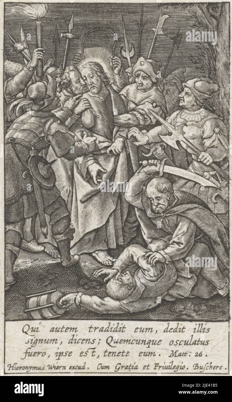 Judas Kiss et arrestation du Christ, Hieronymus Wierix, 1563 - avant 1619, Judas embrasse le Christ sur la joue. Les soldats l'entourent et l'arrêtent. Peter est sur le point de couper l'oreille de Malchus. Dans la marge une citation de la Bible à trois lignes de Mat. 26 en latin., imprimerie: Hieronymus Wierix, Hieronymus Wierix, éditeur: Hieronymus Wierix, (mentionné sur l'objet), Anvers, 1563 - avant 1619, papier, gravure, h 87 mm × l 53 mm Banque D'Images