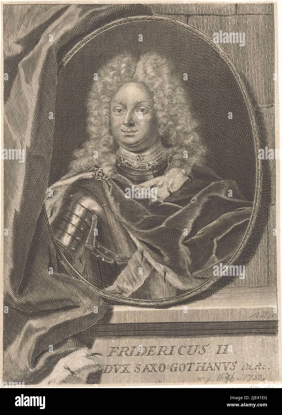 Portrait de Friedrich II von Sachsen-Gotha-Altenburg, Martin Bernigeroth, 1691 - 1732, imprimerie: Martin Bernigeroth, (mentionné sur l'objet), Leipzig, 1691 - 1732, papier, gravure, h 193 mm - l 141 mm Banque D'Images