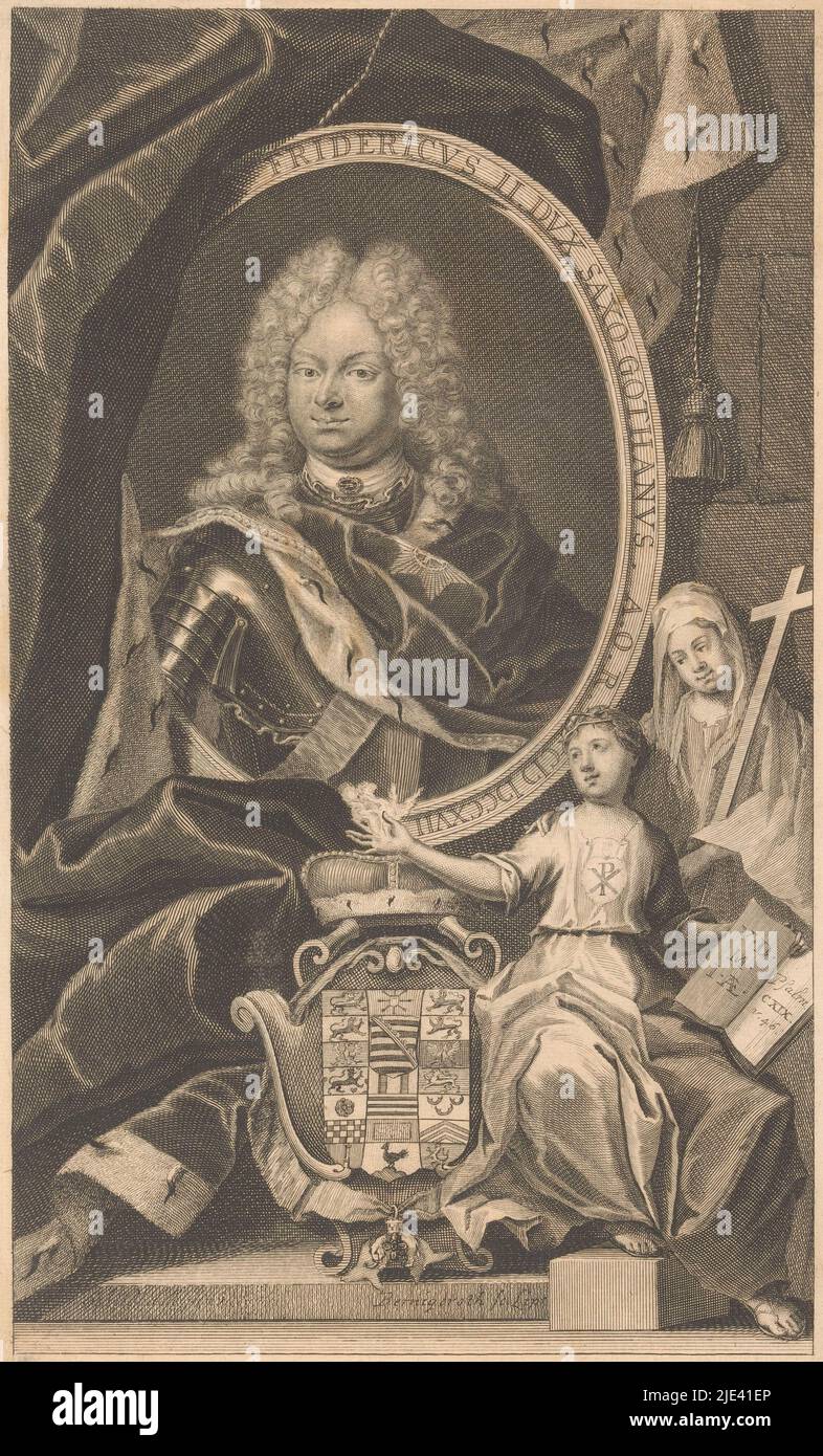 Portrait de Friedrich II von Sachsen-Gotha-Altenburg, Martin Bernigeroth, 1717 - 1733, imprimerie: Martin Bernigeroth, (mentionné sur l'objet), Leipzig, 1717 - 1733, papier, gravure, h 313 mm × l 192 mm Banque D'Images
