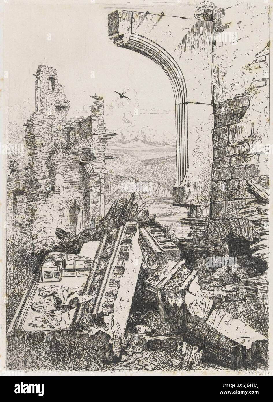 Ruines du château de Bourscheid, Martinus Antonius Kuytenbrouwer jr., 1853, dans un paysage vallonné, une hirondelle survole les ruines du château de Bourscheid, situé sur la rivière Sûre., imprimerie : Martinus Antonius Kuytenbrouwer jr., (mentionné sur l'objet), Bruxelles, 1853, papier, gravure, point sec, h 323 mm × l 234 mm Banque D'Images