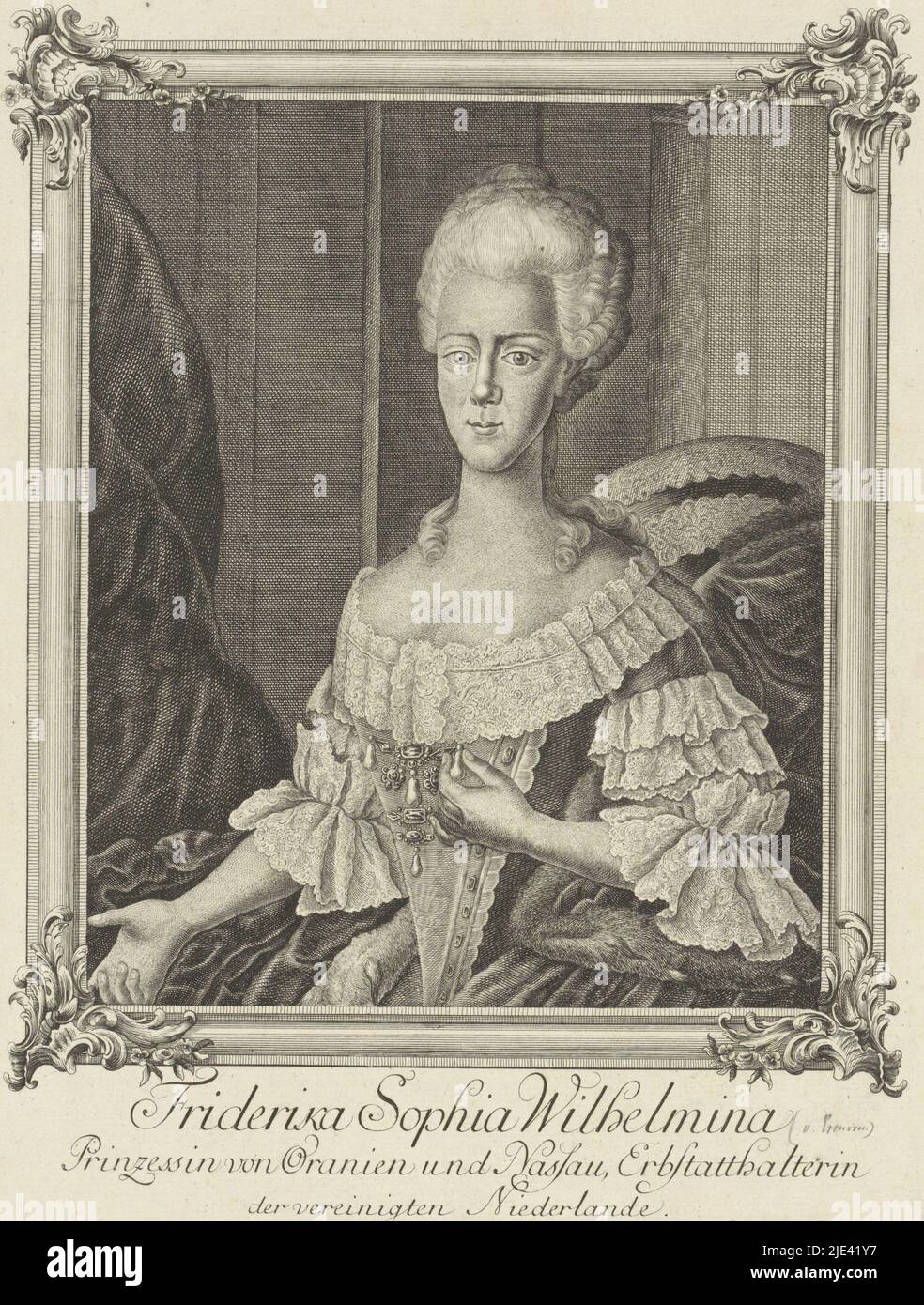 Portrait de Wilhelmina de Prusse, Christian Benjamin Glassbach, 1767 - 1779, Portrait de Wilhelmina dans un rectangle ornementé. Dans la marge inférieure son nom et titres., imprimerie: Christian Benjamin Glassbach, (mentionné sur l'objet), éditeur: Christian Benjamin Glassbach, (mentionné sur l'objet), Berlin, 1767 - 1779, papier, gravure, gravure, h 291 mm × l 217 mm Banque D'Images