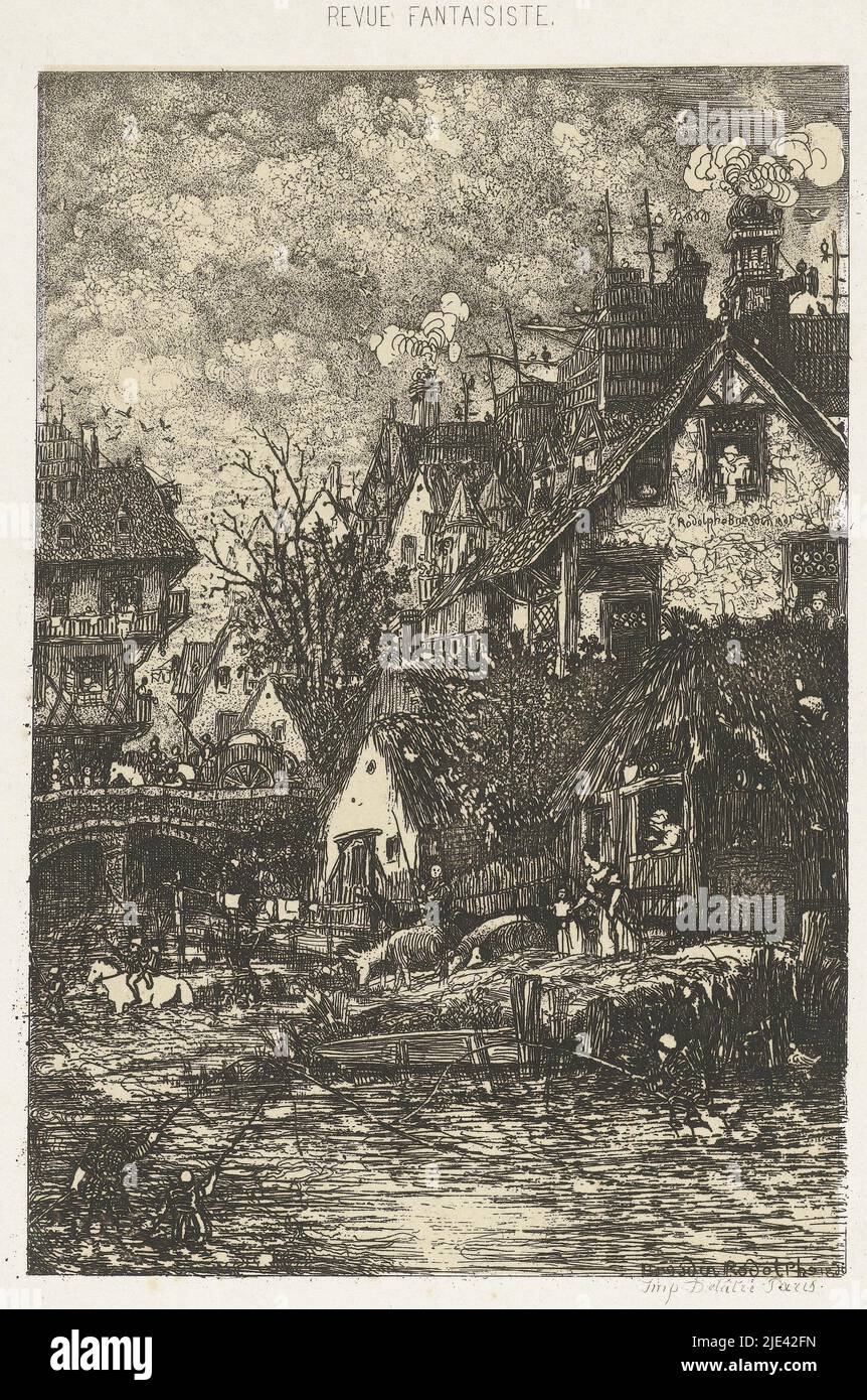 Vue sur le village avec une rivière, Rodolphe Bresdin, 1861, vue sur le village avec une rivière. Sur la rive droite, les maisons sont alignées le long de la rivière qui tourne sous un pont vers le village. Au premier plan se trouvent les pêcheurs avec des cannes à pêche dans les eaux peu profondes. Au-dessus de l'imprimé est le titre de la revue littéraire Revue Fantaisiste., imprimeur: Rodolphe Bresdin, (mentionné sur l'objet), Rodolphe Bresdin, imprimeur: Auguste Delâtre, (mentionné sur l'objet), Paris, 1861 Banque D'Images Vue sur le village avec une rivière, Rodolphe Bresdin, 1861, vue sur le village avec une rivière. Sur la rive droite, les maisons sont alignées le long de la rivière qui tourne sous un pont vers le village. Au premier plan se trouvent les pêcheurs avec des cannes à pêche dans les eaux peu profondes. Au-dessus de l'imprimé est le titre de la revue littéraire Revue Fantaisiste., imprimeur: Rodolphe Bresdin, (mentionné sur l'objet), Rodolphe Bresdin, imprimeur: Auguste Delâtre, (mentionné sur l'objet), Paris, 1861 Banque D'Images