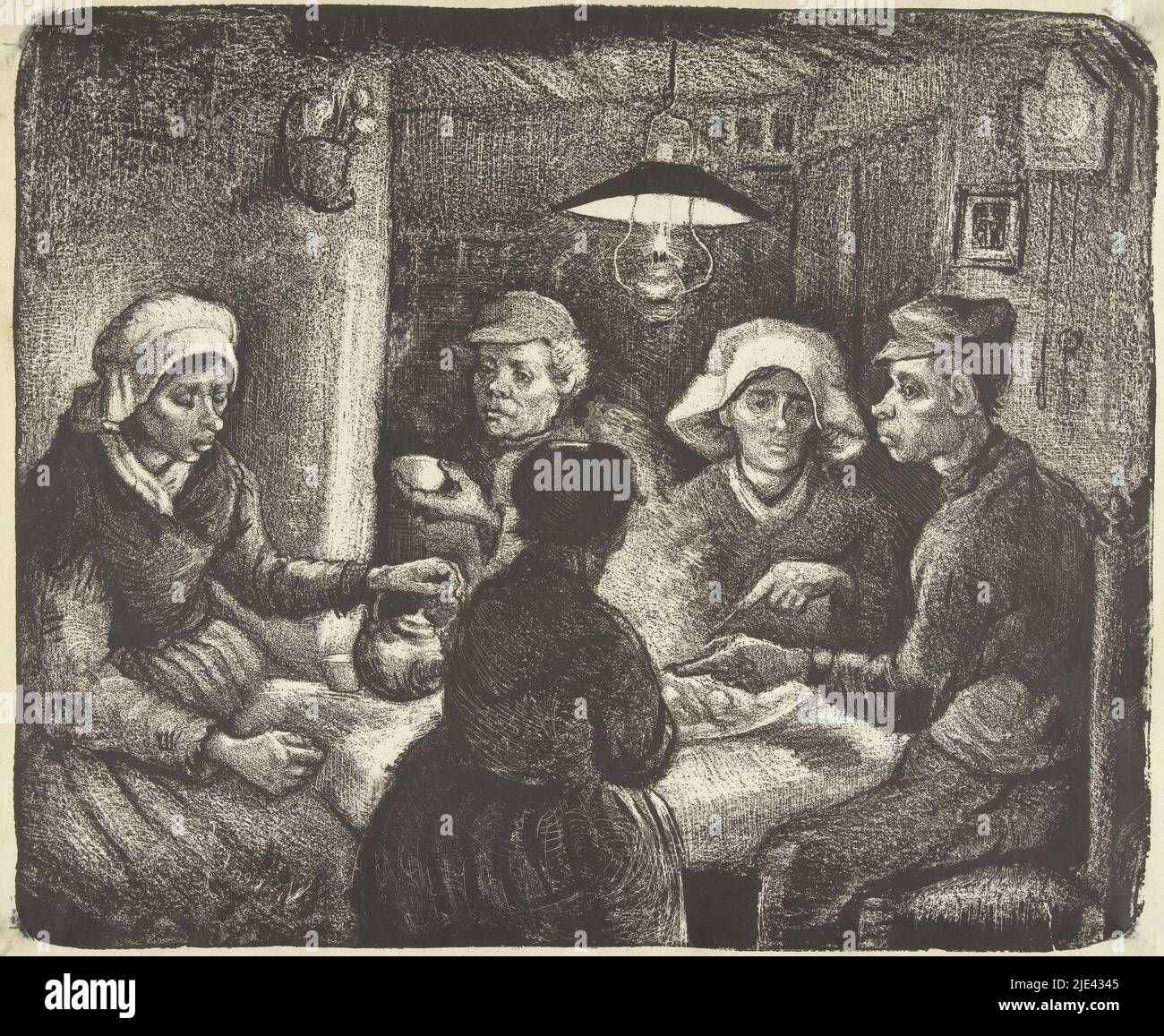 The Potato Eaters, Vincent van Gogh, 1885, version lithographique des « Potato Eaters » de Van Gogh : une famille paysanne autour d'une table, éclairée par une lampe à huile, mangeant des pommes de terre dans un bol., imprimeur : Vincent van Gogh, (mentionné sur l'objet), Nuenen, 16-avr-1885, papier, h 267 mm × l 320 mm, h 280 mm × l 340 mm Banque D'Images