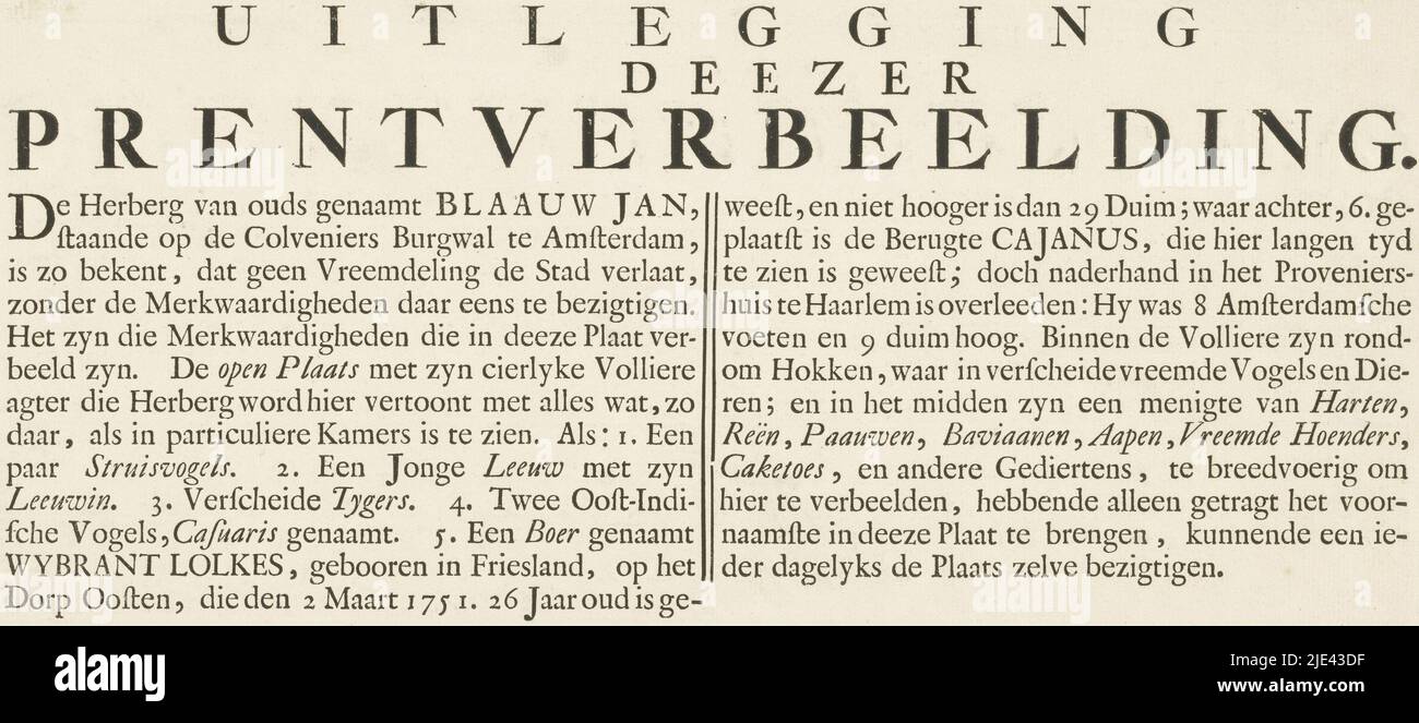 Explication de l'impression de la ménagerie de Blaauw Jan, 1751, Theodorus Crajenschot, 1751, feuille de texte avec l'explication de l'impression avec la ménagerie dans la cour de l'auberge de Jan Berentsz Westerhof ou Blaauw Jan sur le Kloveniersburgwal à Amsterdam en 1751., éditeur: Theodorus Crajenschot, (mentionné sur l'objet), Amsterdam, 1751, papier, impression typographique, h 235 mm × l 510 mm Banque D'Images