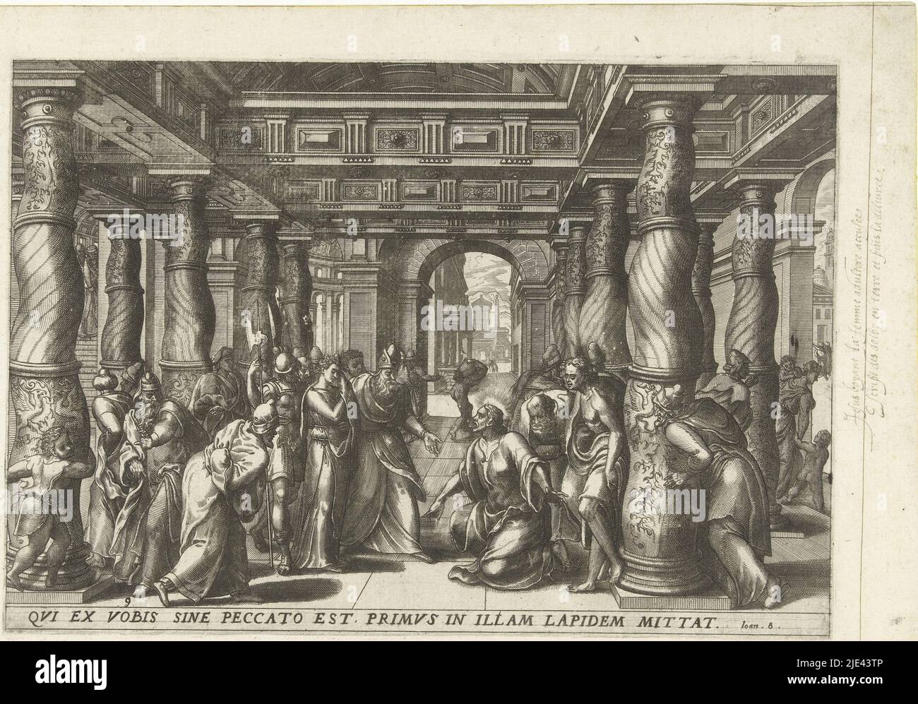 Le Christ et l'adultére, Lucas van Doetechum, d'après Gerard van Groeningen, c. 1572, les scribes apportent une femme adultère au Christ dans le temple. Ils lui demandent de la condamner. Il répond, «Whoever de vous est sans péché, laissez-lui être le premier à lui jeter une pierre., imprimeur: Lucas van Doetechum, Gerard van Groeningen, éditeur: Gerard de Jode, Anvers, c. 1572, papier, gravure, gravure, h 200 mm × l 288 mm Banque D'Images