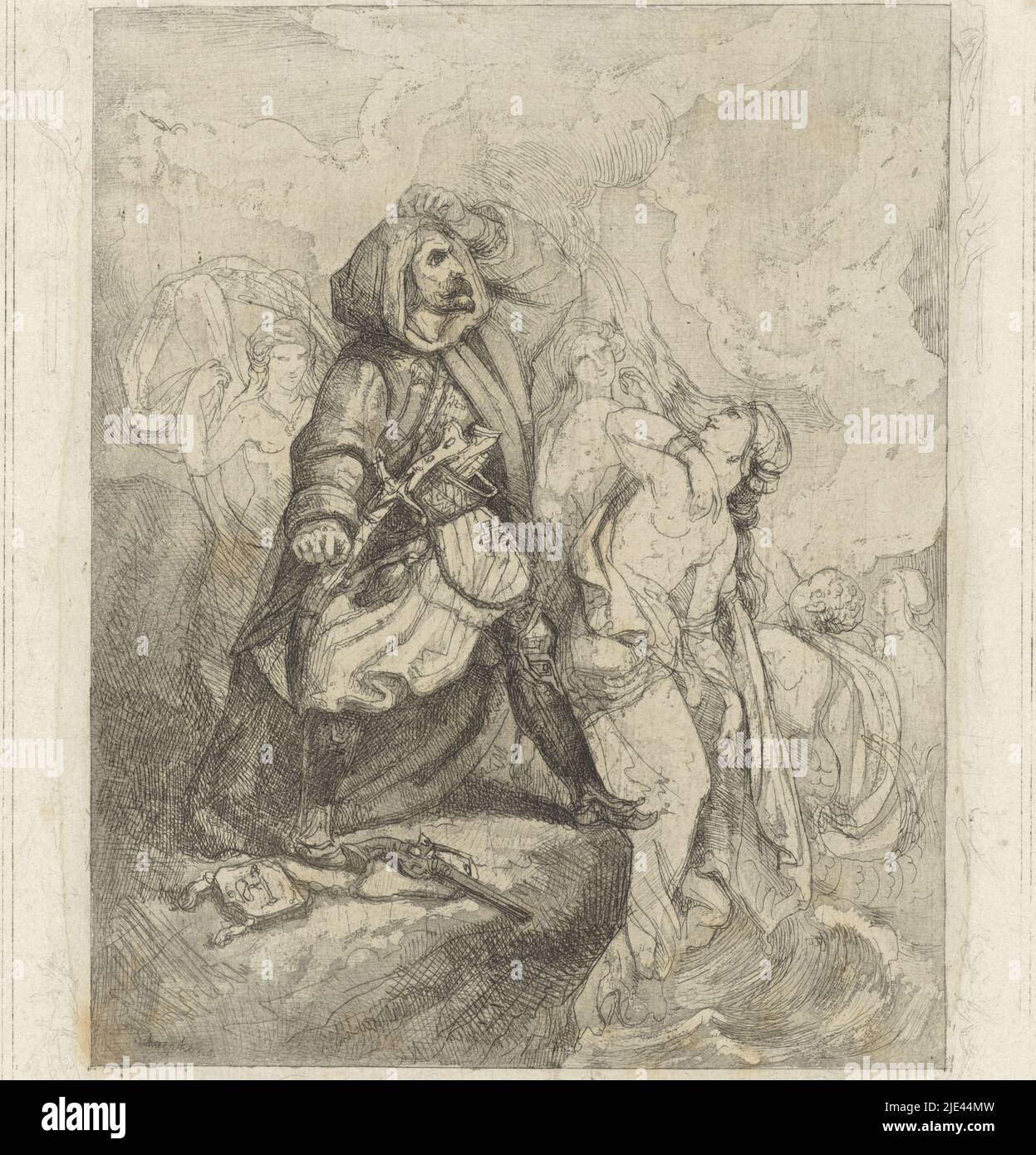 Les femmes grecques et un guerrier turc, Theodoor Schaepkens, 1825 - 1883, imprimerie: Theodoor Schaepkens, (mentionné sur l'objet), 1825 - 1883, papier, gravure, h 196 mm × l 157 mm Banque D'Images