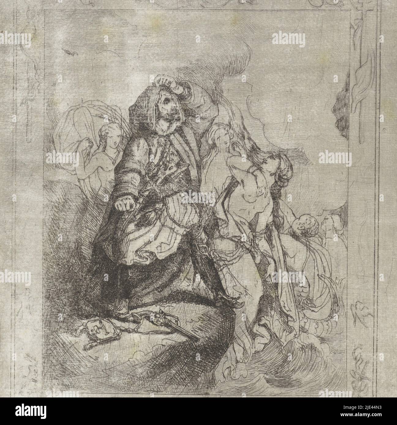 Les femmes grecques et un guerrier turc, Theodoor Schaepkens, 1825 - 1883, imprimerie: Theodoor Schaepkens, (mentionné sur l'objet), 1825 - 1883, papier, gravure, h 183 mm × l 156 mm Banque D'Images