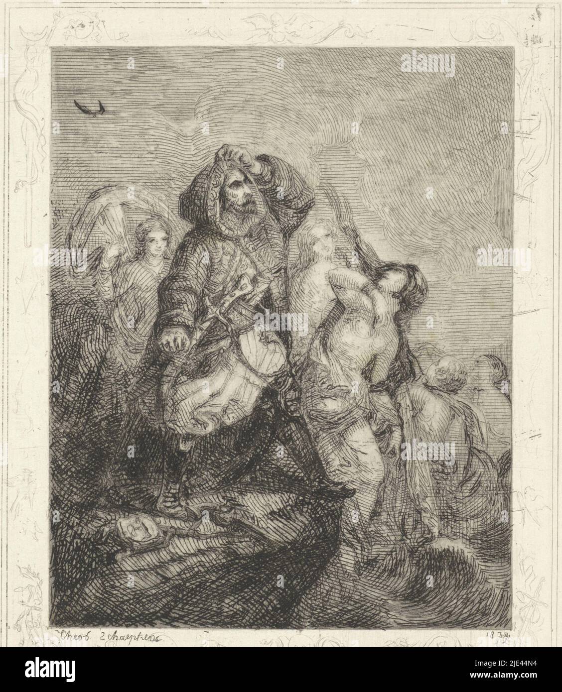 Les femmes grecques et un guerrier turc, Theodoor Schaepkens, 1825 - 1883, imprimerie: Theodoor Schaepkens, (mentionné sur l'objet), 1825 - 1883, papier, gravure, h 201 mm × l 162 mm Banque D'Images