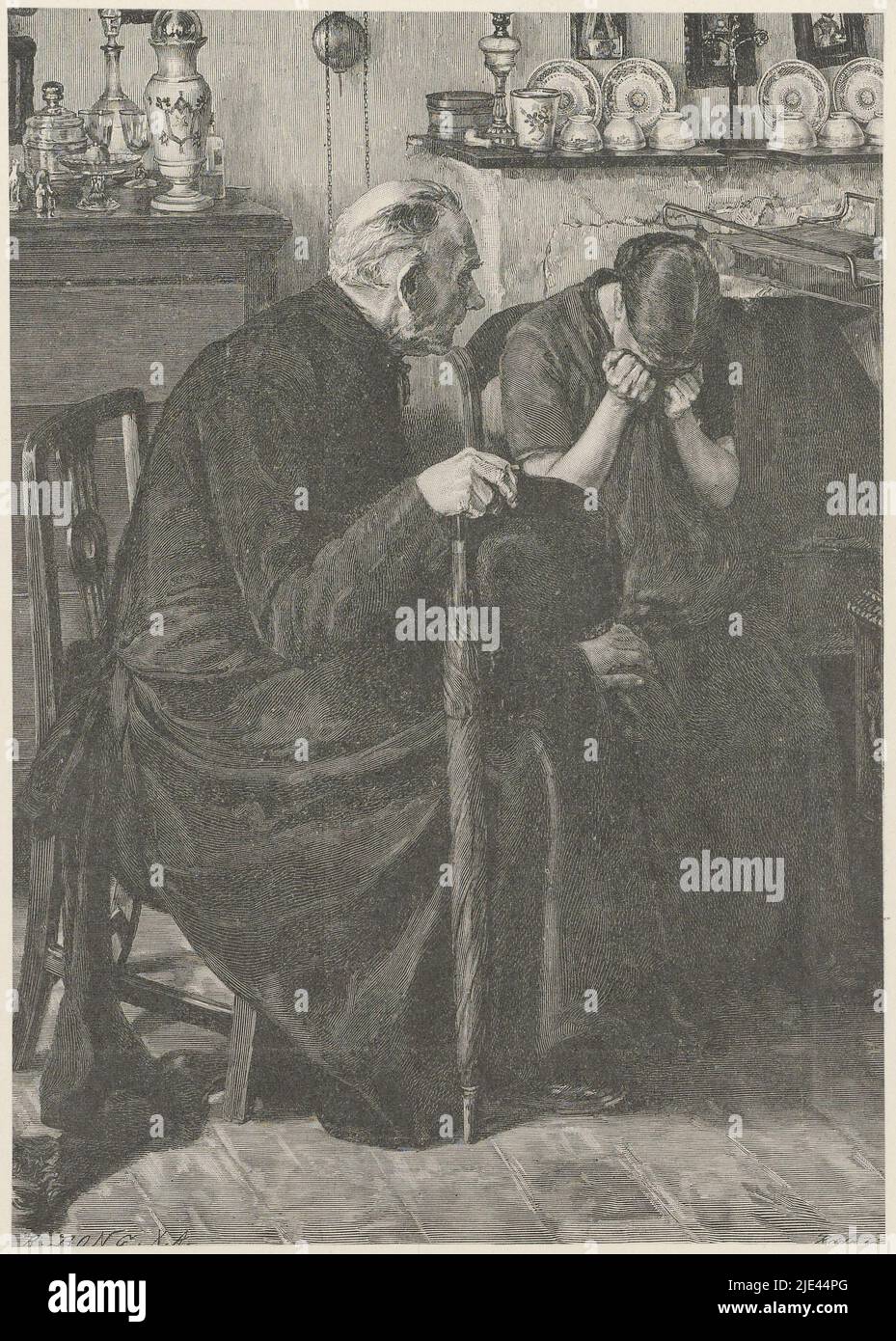Consolateur, R. Bong, après Rddn, 1800 - 1899, Un homme avec un parapluie et une femme sont assis dans une pièce avec une cheminée, la porcelaine fine sur le manteau et une horloge suspendue sur le mur. La femme pleure avec son visage recouvert d'un tissu. L'homme place une main réconfortante sur son genou., imprimeur: R. Bong, (mentionné sur l'objet), Rddn, (mentionné sur l'objet), pays-Bas, 1800 - 1899, papier, h 269 mm - l 208 mm Banque D'Images