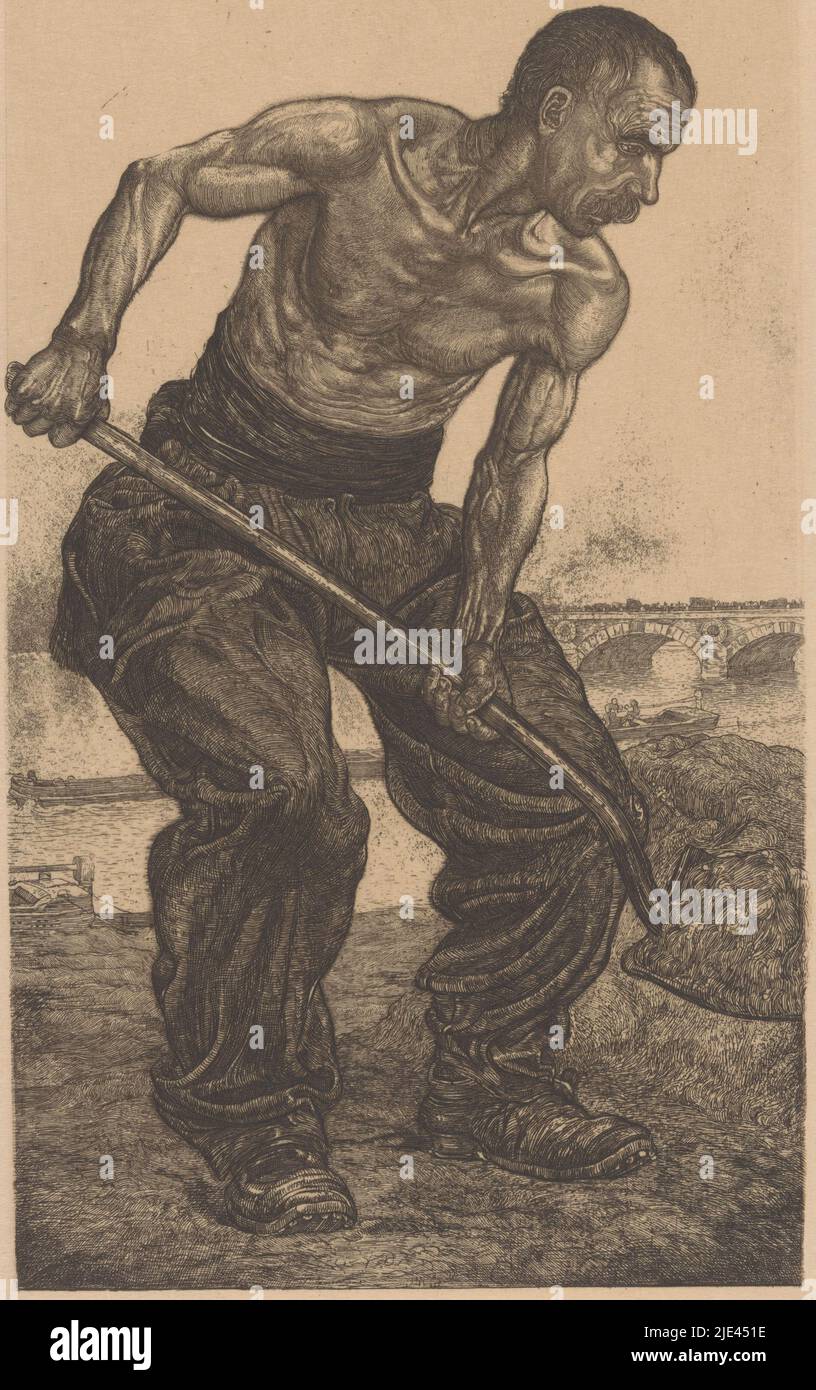 Homme de peine, Pieter Dupont, 1901 ans, Un employé de quai avec une pelle.  L'homme a un haut de corps osé. En arrière-plan un pont sur la Seine.,  imprimerie : Pieter Dupont, (