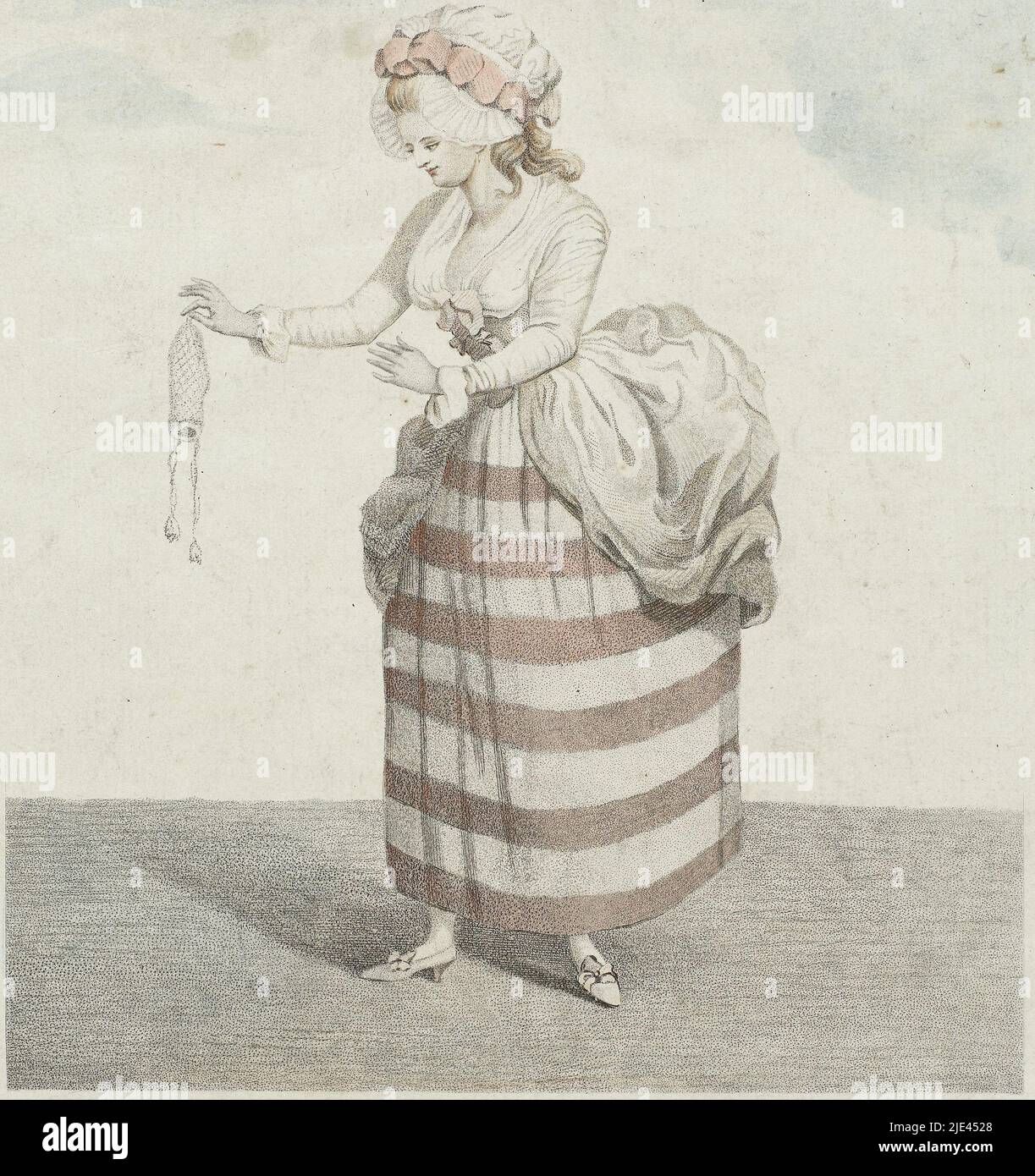 Femme en robe rayée tenant un sac à main vide, George Townley Stubbs, 1783, imprimeur: George Townley Stubbs, (mentionné sur l'objet), éditeur: George Townley Stubbs, (mentionné sur l'objet), Londres, déc-1783, papier, gravure, h 233 mm × l 188 mm Banque D'Images