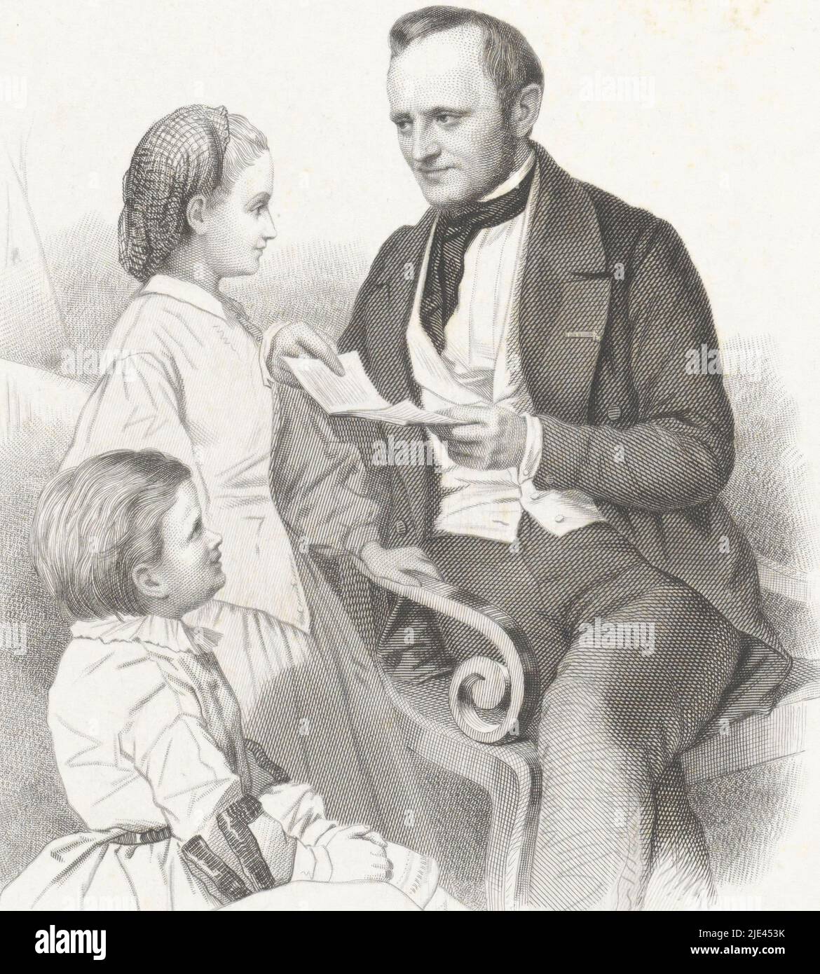 Page de titre de: J.P. Heije, Al de Kinderliederen (...), 1861, Dirk Jurriaan Sluyter, d'après Louis Chantal, 1861, Un homme assis sur une chaise avec une feuille de papier écrit ou imprimé dans sa main regarde une fille et un garçon à côté de lui., dessinateur: Dirk Jurriaan Sluyter, (mentionné sur l'objet), dessinateur intermédiaire: Louis Chantal, (mentionné sur l'objet), Jacobus van Koningsveld, Amsterdam, 1861, papier, gravure, gravure en acier, h 202 mm - l 138 mm Banque D'Images