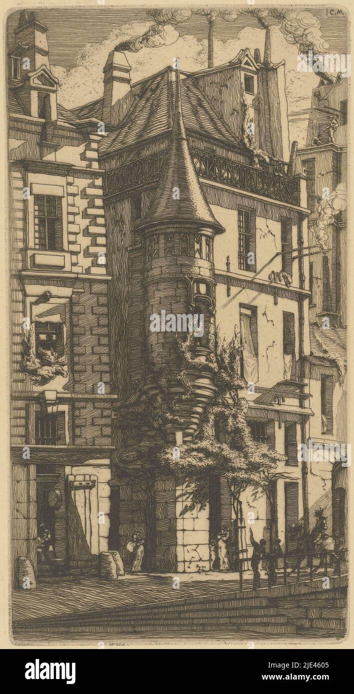 Tourelle dans la rue de la Tixéranderie à Paris, Charles Meryon, 1852, Turret, au nord du vieux Hôtel de ville, dans la rue de la Tixéranderie. L'artiste s'est dévié de la réalité, ajoutant par exemple de la végétation et des ancres murales à la façade. Il a également fait le bâtiment plus grand et plus étroit, augmentant l'effet vertical. Les personnages de la rue sont relativement petits., imprimeur: Charles Meryon, (mentionné sur l'objet), Charles Meryon, Paris, 1852, papier, gravure, h 241 mm - l 130 mm, h 483 mm - l 318 mm Banque D'Images