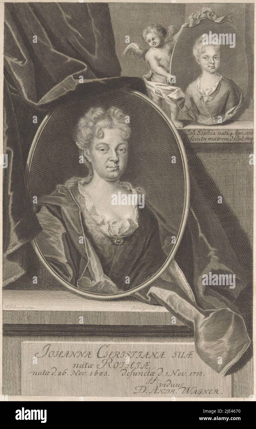 Portrait de Johanna Christiana Wagner, Johann Martin Bernigerith, d'après Adam Wilhelm Hildebrand, 1719 - 1733, en haut à droite, un ange tient un portrait de Johanna Sophia Wagner., imprimeur: Johann Martin Bernigereth, (mentionné sur l'objet), d'après: Adam Wilhelm Hildebrand, (mentionné sur l'objet), Leipzig, 1719 - 1733, papier, gravure, h 310 mm × l 200 mm Banque D'Images Portrait de Johanna Christiana Wagner, Johann Martin Bernigerith, d'après Adam Wilhelm Hildebrand, 1719 - 1733, en haut à droite, un ange tient un portrait de Johanna Sophia Wagner., imprimeur: Johann Martin Bernigereth, (mentionné sur l'objet), d'après: Adam Wilhelm Hildebrand, (mentionné sur l'objet), Leipzig, 1719 - 1733, papier, gravure, h 310 mm × l 200 mm Banque D'Images