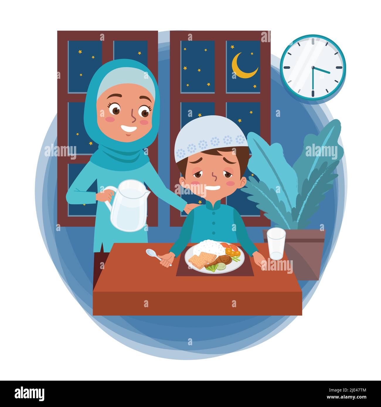 Une mère musulmane prépare un repas avant l'aube dans le mois du Ramadan pour son fils endormi Illustration de Vecteur