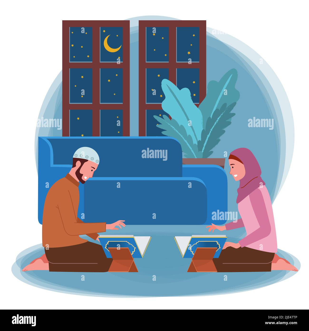 Une paire d'hommes et de femmes musulmans lisent le Coran dans leur maison la nuit. Illustration de Vecteur