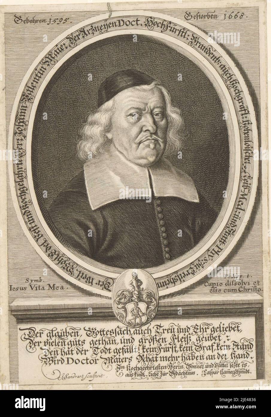 Portrait de Johann Valentin Maier, Jakob von Sandrat, 1668, imprimerie: Jakob von Sandrat, (mentionné sur l'objet), Caspar Hammerschmied, (mentionné sur l'objet), 1668, papier, gravure, h 197 mm - l 137 mm Banque D'Images