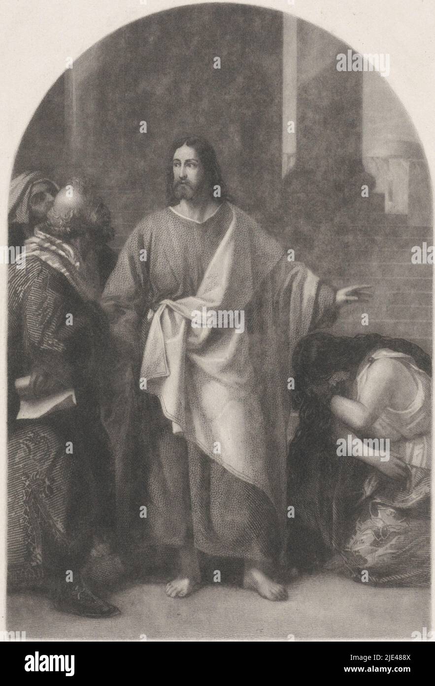 Christ et l'Adultére, Dirk Jurriaan Sluyter, 1826 - 1886, image de l'histoire biblique du Christ et de l'Adultére (Jean 8:2-11). Christ tient sa main de manière protective sur la tête de la femme qui s'agenouille à côté de lui. Il regarde un homme de son côté, un juriste avec le défilement à la main., graphiste: Dirk Jurriaan Sluyter, (signé par l'artiste), Amsterdam, 1826 - 1886, papier, gravure, h 212 mm × l 154 mm Banque D'Images