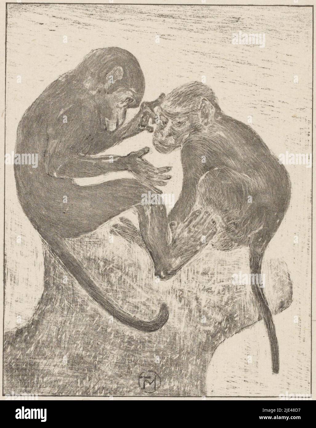 Deux singes nains, Theo van Hoytema, 1878 - 1917, imprimerie: Theo van Hoytema, (signé par l'artiste), 1878 - 1917, papier, h 179 mm × l 142 mm, h 186 mm × l 150 mm Banque D'Images