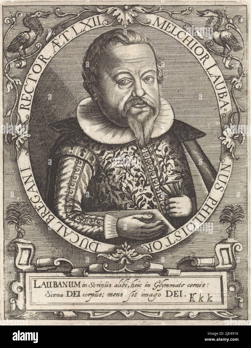 Portrait de Melchior Laubanus, Paul de Zetter (attribué à), 1650 - 1669, Portrait de Melchior Laubanus à l'âge de 62 ans. Au-dessous d'une cartouche ornementale avec un texte de deux lignes en latin. Numéro en bas à droite: KKK., imprimerie: Paul de Zetter, (attribué à), Allemagne, 1650 - 1669, papier, gravure, h 138 mm × l 106 mm Banque D'Images