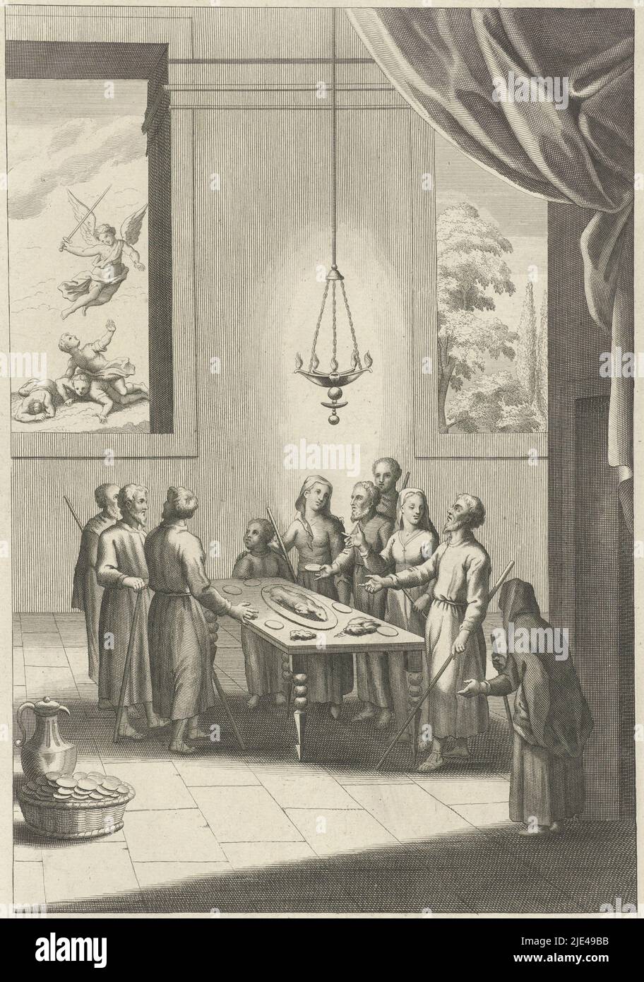Célébration de la Pâque, Philip van Gunst, 1685 - 1725, Une famille juive célèbre la Pâque à la table du dîner. Sur la table se trouve un plat avec l'agneau de la Pâque et divers aliments qui ont une signification symbolique, comme le raifort et le persil. La famille se tient autour de la table pour raconter l'histoire du vol depuis l'Égypte. De l'une des fenêtres un paysage avec un jardin. L'autre fenêtre donne sur une représentation d'un ange avec une épée attaquant trois hommes (ev. Mort de tous les premiers-nés de l'Égypte)., Imprimeur: Philip van Gunst, (mentionné sur l'objet), 1685 - 1725, papier, gravure, gravure, h 320 mm Banque D'Images