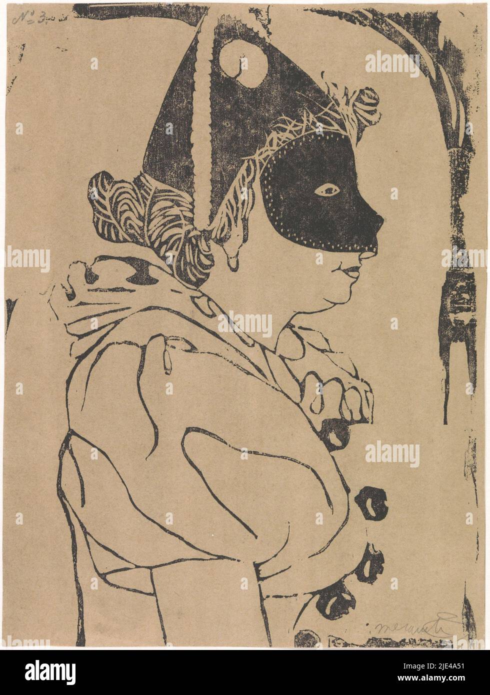 Pierrette, Samuel Jessurun de Mesquita, c. 1899, femme en profil avec des vêtements typiques pour pierrot, comme le masque et le chapeau pointu., imprimeur: Samuel Jessurun de Mesquita, c. 1899, papier, h 258 mm × l 194 mm Banque D'Images