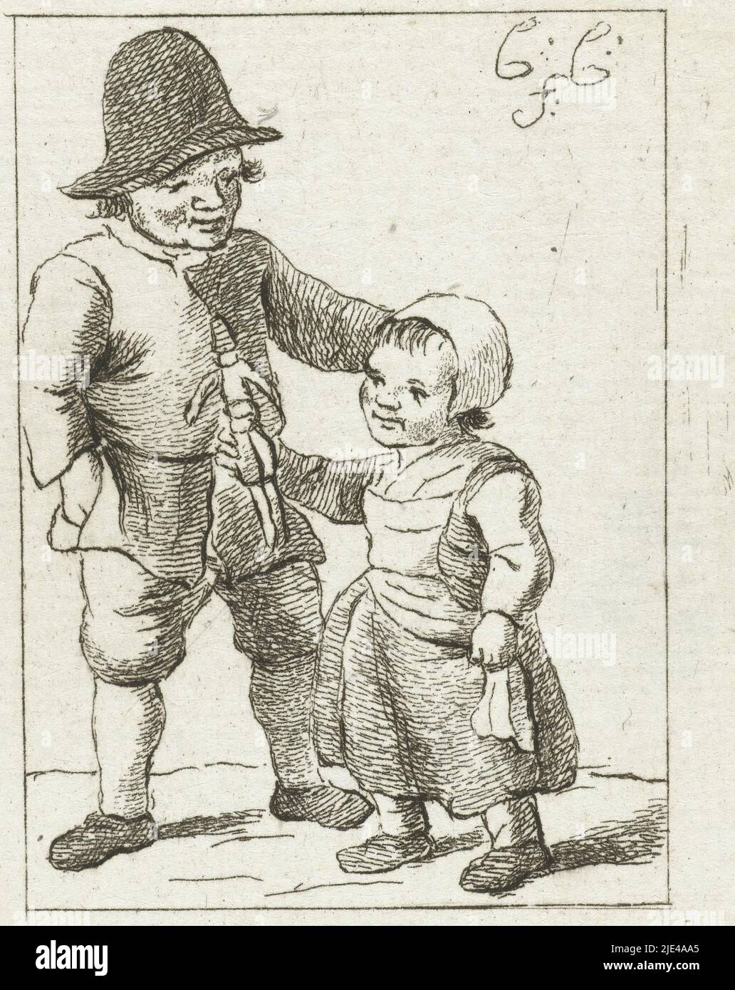 Garçon et fille avec poupée, Pieter de Mare, après Christina Chalon, 1777 - 1779, Une fille tient une poupée dans sa main droite. Le garçon est debout à côté d'elle., Imprimeur: Pieter de Mare, dessinateur intermédiaire: Christina Chalon, (mentionné sur l'objet), Leiden, 1777 - 1779, papier, gravure, l 59 mm × h 72 mm Banque D'Images Garçon et fille avec poupée, Pieter de Mare, après Christina Chalon, 1777 - 1779, Une fille tient une poupée dans sa main droite. Le garçon est debout à côté d'elle., Imprimeur: Pieter de Mare, dessinateur intermédiaire: Christina Chalon, (mentionné sur l'objet), Leiden, 1777 - 1779, papier, gravure, l 59 mm × h 72 mm Banque D'Images