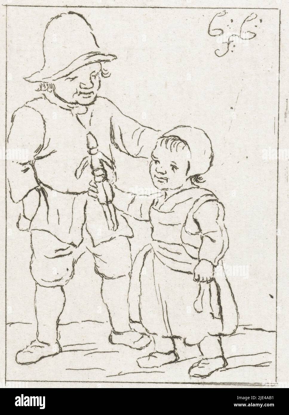 Garçon et fille avec poupée, Pieter de Mare, après Christina Chalon, 1777 - 1779, Une fille tient une poupée dans sa main droite. Le garçon est debout à côté d'elle., Imprimeur: Pieter de Mare, (mentionné sur l'objet), dessinateur intermédiaire: Christina Chalon, (mentionné sur l'objet), Leiden, 1777 - 1779, papier, gravure, l 60 mm × h 73 mm Banque D'Images Garçon et fille avec poupée, Pieter de Mare, après Christina Chalon, 1777 - 1779, Une fille tient une poupée dans sa main droite. Le garçon est debout à côté d'elle., Imprimeur: Pieter de Mare, (mentionné sur l'objet), dessinateur intermédiaire: Christina Chalon, (mentionné sur l'objet), Leiden, 1777 - 1779, papier, gravure, l 60 mm × h 73 mm Banque D'Images