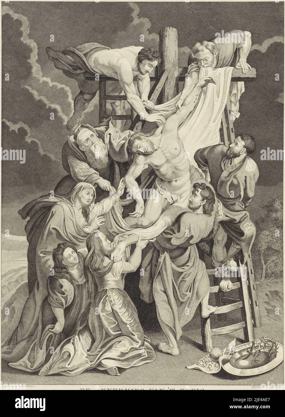Descente de la Croix, Jan Gerritsz. Visser, d'après J. Berkman, d'après Peter Paul Rubens, 1812 - 1821, Descent de la Croix du Christ. Dans la couronne de premier plan des épines, des ongles, de l'éponge et du bassin. Joseph d'Arimathea a reçu la permission de retirer le corps de la croix. HJe est assisté par l'apôtre Jean, Nicodème et deux serviteurs. Sur la gauche se trouve Mary. Le pied du Christ repose sur les épaules de Marie Magdalene., Imprimeur: Jan Gerritsz. Visser, (mentionné sur l'objet), rapporteur pour avis intermédiaire: J. Berkman, (mentionné sur l'objet), après: Peter Paul Rubens, Amsterdam, 1812 - 1821, document Banque D'Images