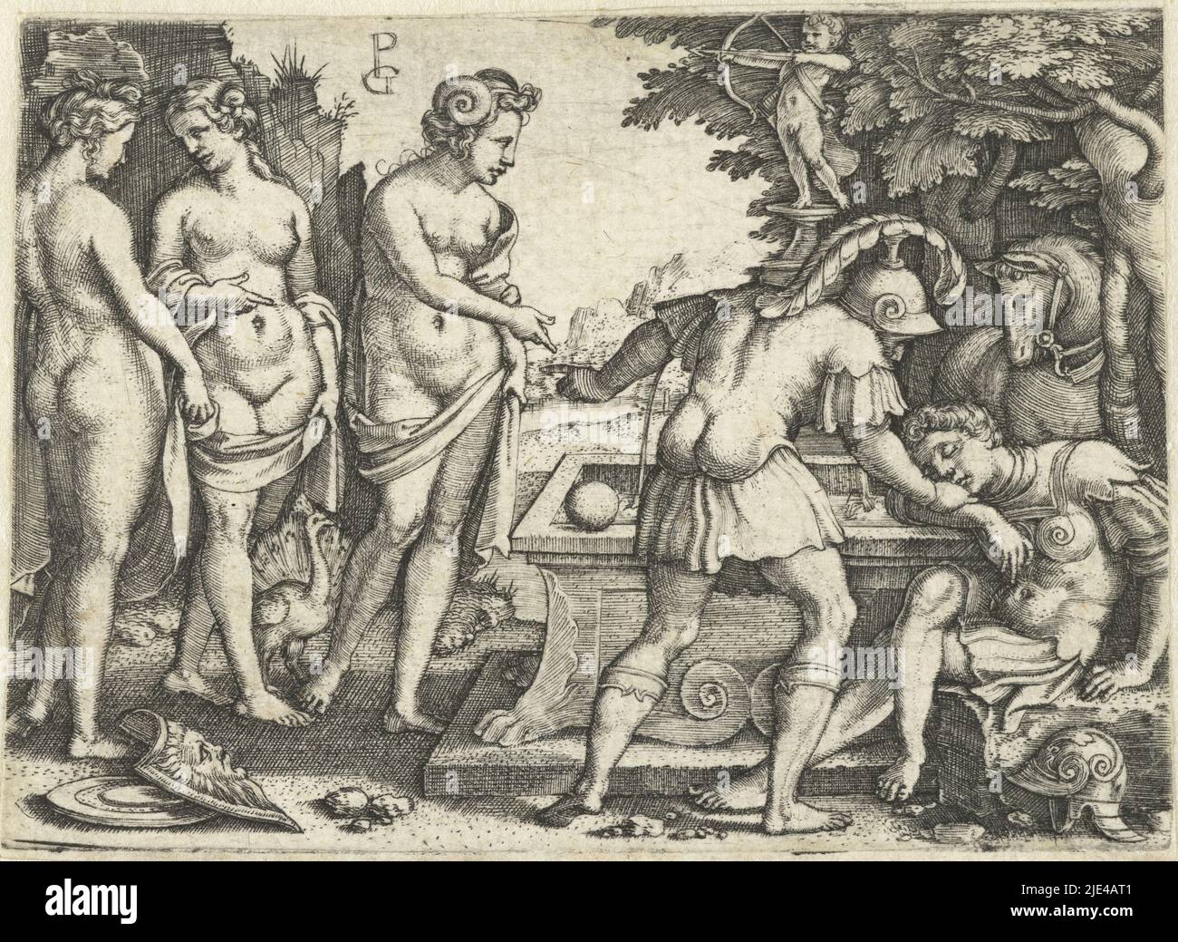 Rêve de Paris, Georg Pentz, 1540 - 1542, Paris s'assoit à côté d'une fontaine, Mercury essaie du réveiller. Il pointe vers la pomme dorée et les trois déesses Juno, Minerva et Vénus qui se parlent l'une à gauche., Imprimeur: Georg Pentz, (mentionné sur l'objet), Georg Pentz, Allemagne, 1540 - 1542, papier, gravure, h 60 mm × l 84 mm Banque D'Images