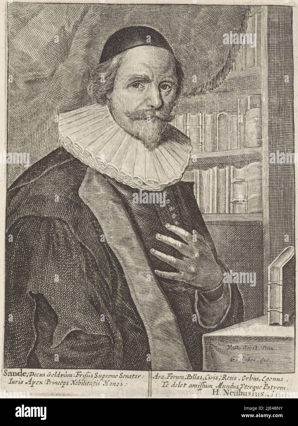 Portrait de l'avocat Johan van den Sande, Salomon Savery (peut-être),  d'après Wybrand de Geest (I), 1638 - 1660, imprimeur: Salomon Savery,  (peut-être), d'après: Wybrand de Geest (I), (mentionné sur l'objet),  Henricus Neuhusius, (
