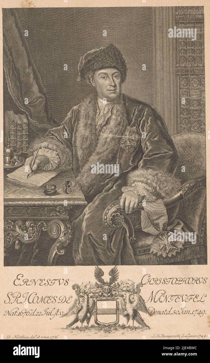 Portrait d'Ernst Christoph, Reichsgraf von Manteuffel, Johann Martin Bernigeroth, d'après David Mathieu, 1749, Dessinateur: Johann Martin Bernigerith, (mentionné sur l'objet), dessinateur intermédiaire: David Mathieu, (mentionné sur l'objet), après: David Mathieu, (mentionné sur l'objet), Leipzig, 1749, papier, gravure, gravure, h 207 mm - l 136 mm Banque D'Images