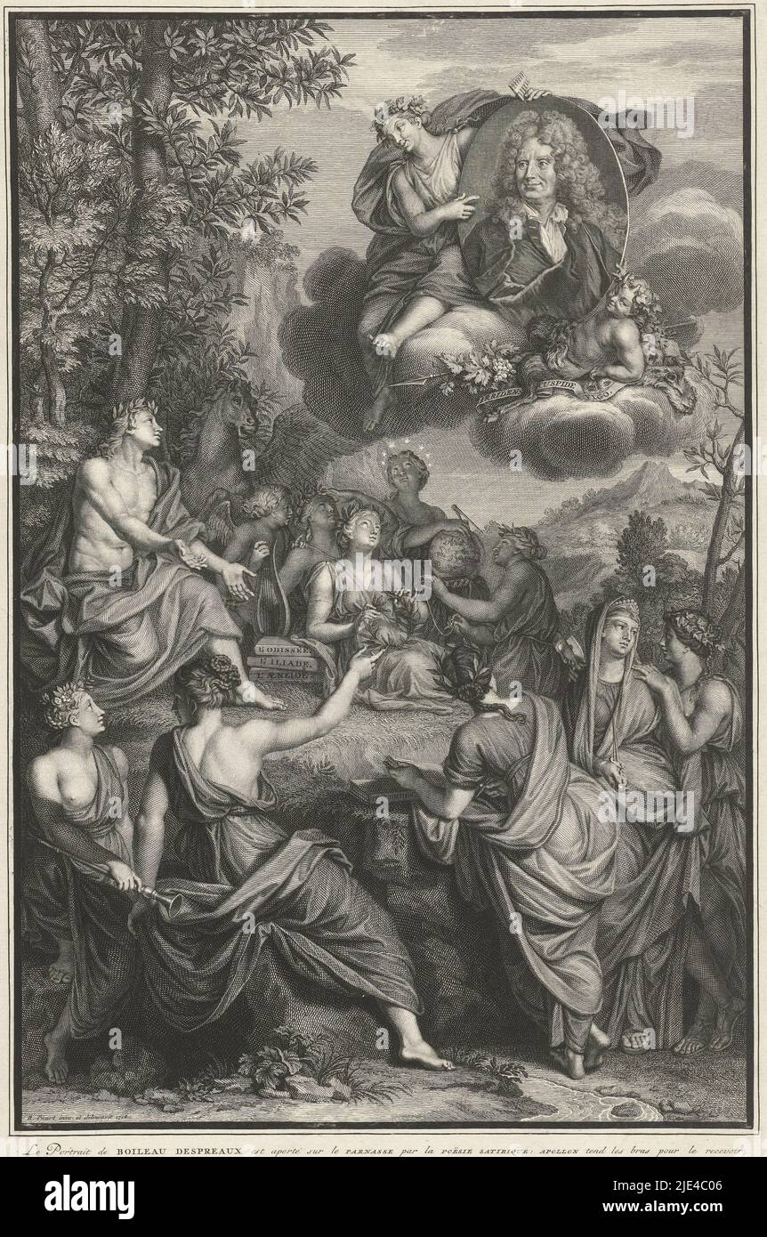 Portrait de Nicolas Boileau porté au Parnassus, Bernard Picart (atelier de), après Bernard Picart, 1718, la poésie satirique porte le portrait de l'écrivain français Nicolas Boileau au Parnassus. Sur la montagne Apollo et les muses attendent, qui va lautre le portrait de l'écrivain. En arrière-plan Pegasus comme symbole du génie poétique. Dans la marge une légende de trois lignes en français., imprimerie: Bernard Picart, (atelier de), dessinateur intermédiaire: Bernard Picart, (mentionné sur l'objet), Amsterdam, 1718, papier, gravure, gravure, h 359 mm × l 230 mm Banque D'Images