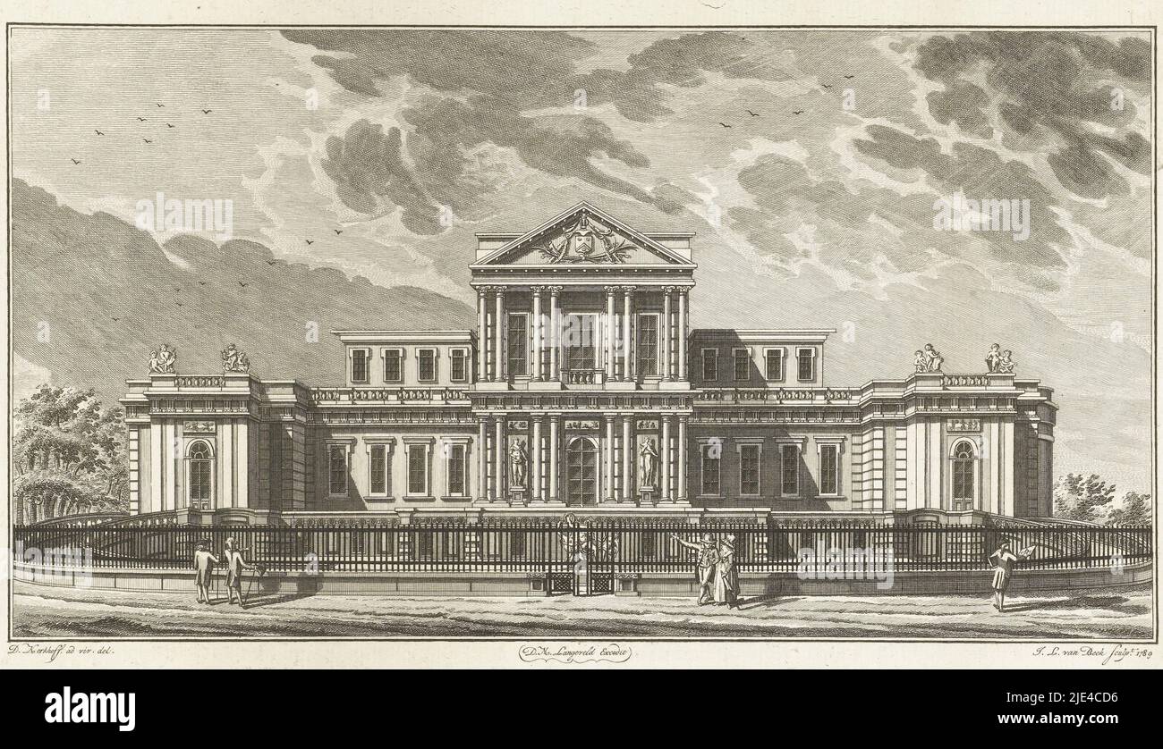 Villa Pavillon Welgelegen du banquier Henri Hope à Haarlemmerhout près de Haarlem, Jan Lucas van der Beek, d'après Daniël Kerkhoff, 1789, imprimeur: Jan Lucas van der Beek, (mentionné sur objet), dessinateur intermédiaire: Daniël Kerkhoff, (mentionné sur objet), éditeur: Dirk Meland Langeveld, (mentionné sur objet, 1789, Amsterdam, sur objet,, sur objet, Amsterdam, gravure, h 222 mm × l 354 mm Banque D'Images