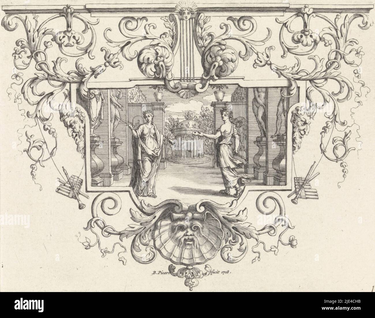 Melpomene et Thalia, Bernard Picart, 1718 ans, à gauche est Melpomene, la muse de la tragédie, et à droite est Thalia, la muse de la comédie. En arrière-plan un temple. La scène est encadrée dans un cadre ornemental., imprimeur: Bernard Picart, (mentionné sur l'objet), Amsterdam, 1718, papier, gravure, gravure, h 103 mm × l 133 mm Banque D'Images