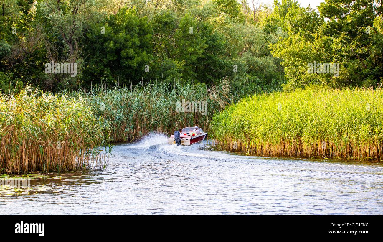 Image d'un paysage un bateau à moteur navigue sur une rivière reedy Banque D'Images