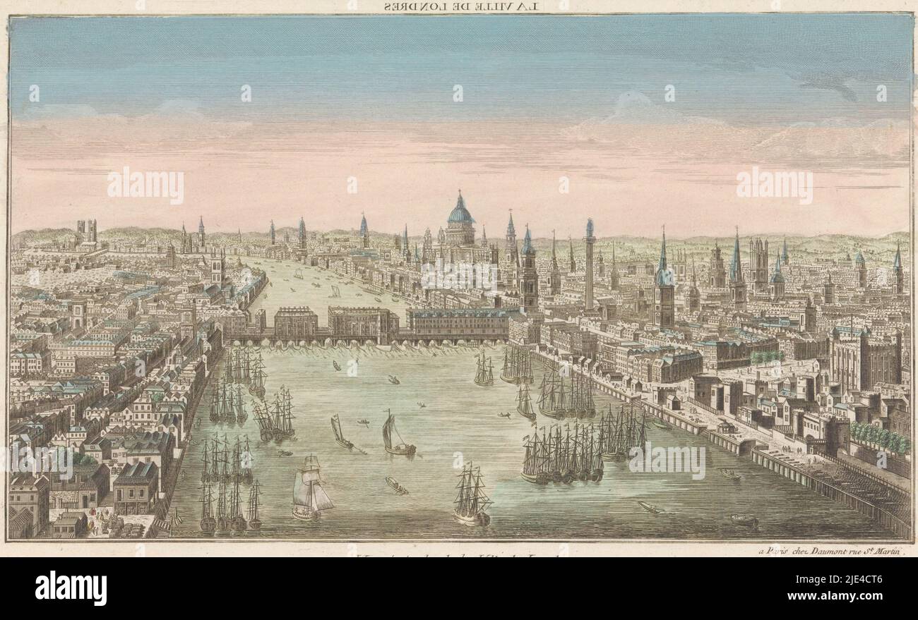 Vue sur la ville de Londres, Jean-François Daumont, 1745 - 1775, au centre d'un pont construit sur la Tamise et la cathédrale Saint-Paul. En arrière-plan à gauche de l'abbaye de Westminster., éditeur: Jean-François Daumont, (mentionné sur l'objet), imprimeur: Anonyme, éditeur: Paris, Imprimeuse: France, 1745 - 1775, papier, gravure, pinceau, h 255 mm × l 398 mm Banque D'Images Vue sur la ville de Londres, Jean-François Daumont, 1745 - 1775, au centre d'un pont construit sur la Tamise et la cathédrale Saint-Paul. En arrière-plan à gauche de l'abbaye de Westminster., éditeur: Jean-François Daumont, (mentionné sur l'objet), imprimeur: Anonyme, éditeur: Paris, Imprimeuse: France, 1745 - 1775, papier, gravure, pinceau, h 255 mm × l 398 mm Banque D'Images