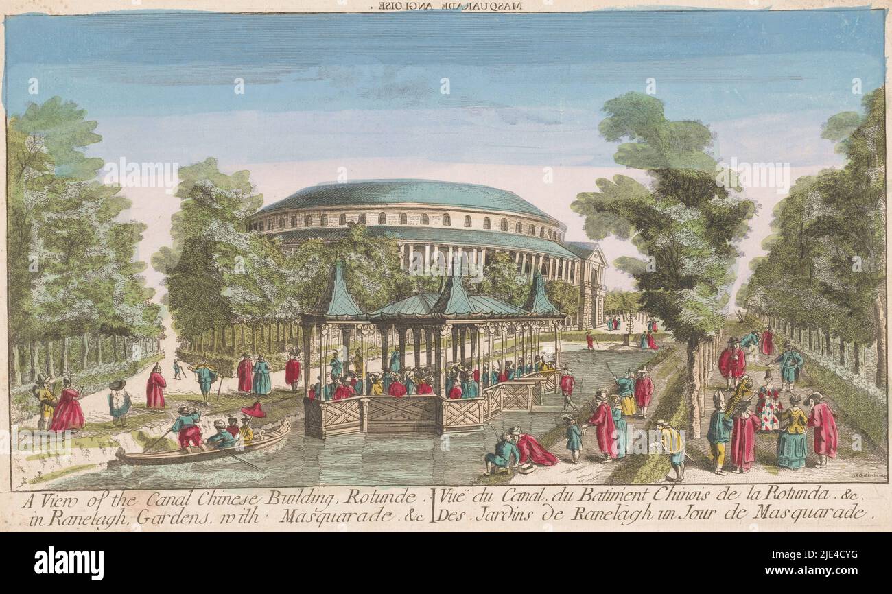 Vue de la rotonde et du pavillon chinois sur le canal à Ranelagh Gardens, Londres, montrant une balle masquée, anonyme, d'après Charles Grignion (I), d'après Canaletto, 1752 - 1799, éditeur: Anonyme, imprimeur: Anonyme, Charles Grignion (I), 1752 - 1799, papier, gravure, pinceau, h 250 mm × l 428 mm Banque D'Images