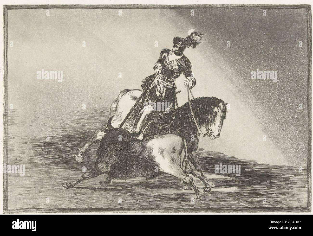 L'empereur Charles V au combat avec un taureau, Francisco de Goya, 1811 - 1816, l'empereur Charles V assis sur un cheval tout en poignardant une lance dans le cou d'un taureau., imprimeur: Francisco de Goya, (mentionné sur l'objet), Francisco de Goya, Espagne, 1811 - 1816, papier, gravure, pointe sèche, h 250 mm × l 350 mm Banque D'Images
