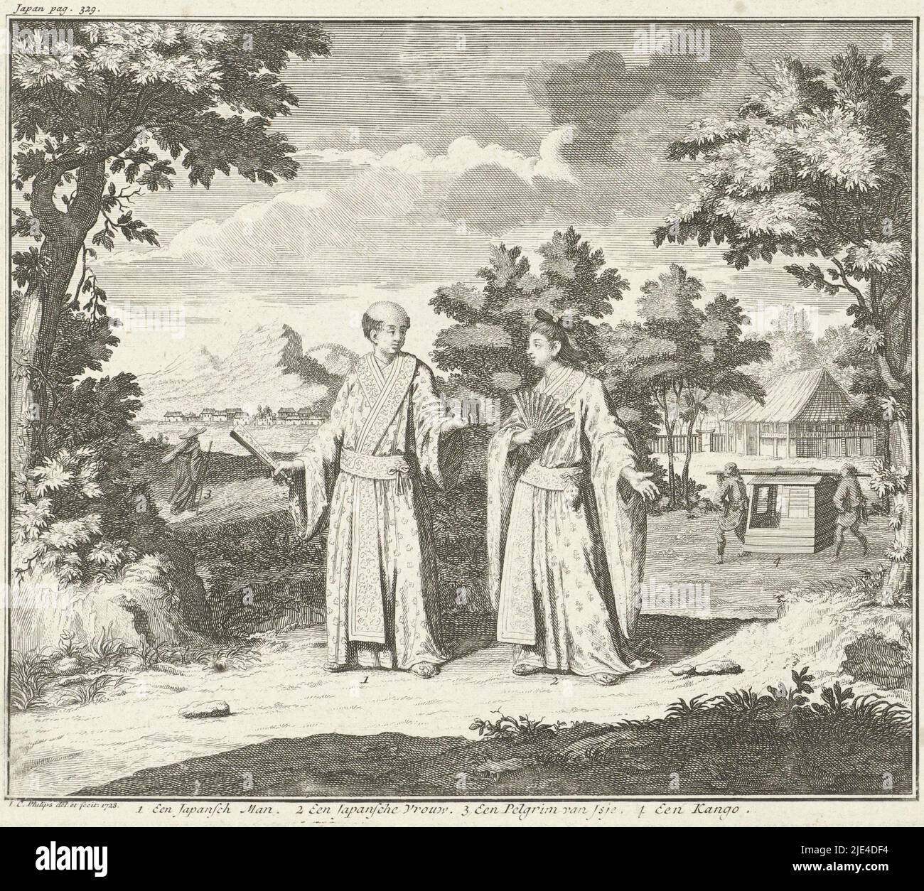 Paysage avec un couple japonais, Jan Caspar Philips, 1728, Paysage avec un couple japonais sur une route de campagne. En arrière-plan un pèlerin et deux hommes avec palanquins. Dans la marge une légende., imprimerie: Jan Caspar Philips, (mentionné sur l'objet), Jan Caspar Philips, (mentionné sur l'objet), Amsterdam, 1728, papier, gravure, h 191 mm × l 203 mm Banque D'Images