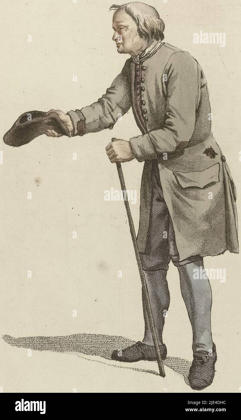 Mendiant avec chapeau et bâton, Mathias de Sallieth, d'après Jacob Perkois, d'après Johannes Huibert Prins, 1818 - 1833, imprimerie: Mathias de Sallieth, dessinateur intermédiaire: Jacob Perkois, dessinateur intermédiaire: Johannes Huibert Prins, 1772 - 1791 et/ou 1818 - 1833, papier, gravure, h 217 mm × 159 mm de largeur Banque D'Images