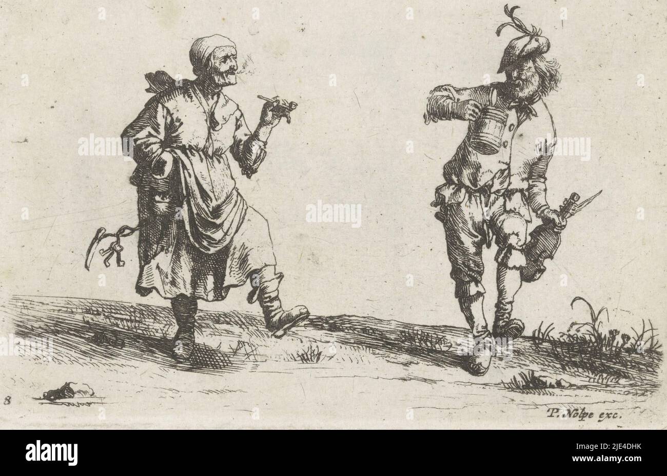 Une paysanne et paysanne dansante, Pieter Nolpe, d'après Pieter Jansz Quast, 1623 - 1653, Une paysanne et une paysanne dansent côte à côte dans l'herbe. La paysanne fume un tuyau et a un bouquet de clés et un couteau accroché à sa robe. Le paysan tient un gobelet d'une main et un violon de l'autre. L'imprimé fait partie d'une série de scènes de la vie paysanne., imprimeur: Pieter Nolpe, Pieter Jansz. Quast, éditeur: Pieter Nolpe, (mentionné sur l'objet), Amsterdam, 1623 - 1653, papier, gravure, gravure, h 80 mm - l 120 mm Banque D'Images